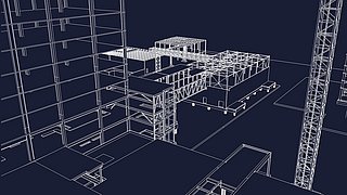 Grafik, computergenerierte 3D-Illustration des Rohbaus eines mehrstöckigen Gebäudes.