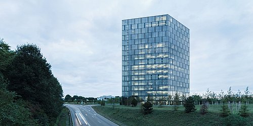 Foto, eine Straße mit Begrünung zu beiden Seiten. Rechts von der Straße befindet sich ein Hochaus mit Glasfassade.