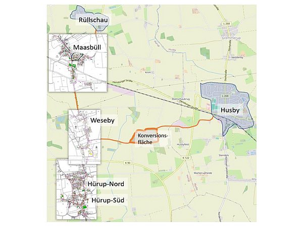 Grafik, Karte zeigt Husby und umliegende Orte Maasbüll, Weseby, Hürup-Nord, Hürup-Süd mit markierter Konversionsfläche