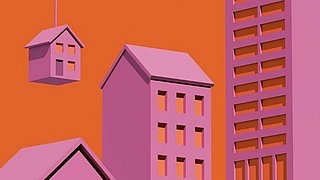 Grafik, drei stilisierte Gebäude in unterschiedlichen Höhen, eines davon als schwebendes Haus an einem Seil.