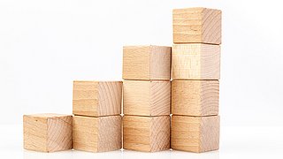 Foto, vier Stapel aus naturfarbenen Holzklötzen, von links nach rechts ansteigend mit ein, zwei, drei und vier Klötzen.