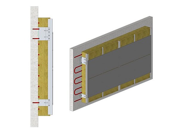 Grafik, Querschnitt und perspektivische Ansicht eines Wandaufbaus mit Dämmung, Metallhalterungen und grauer Fassadenverkleidung