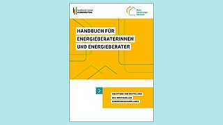 Grafik, Deckblatt des iSFP-Handbuchs für Energieberaterinnen und Energieberater mit gelbem Hintergrund und Textfeldern