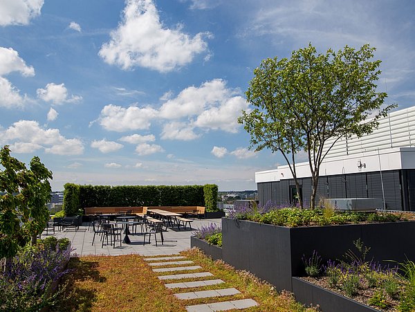 Foto, begrüntes Dach eines hohen Gebäudes in städtischer Umgebung. Neben Begrünung gibt es eine Terrasse mit kleinen Tischen und Stühlen.