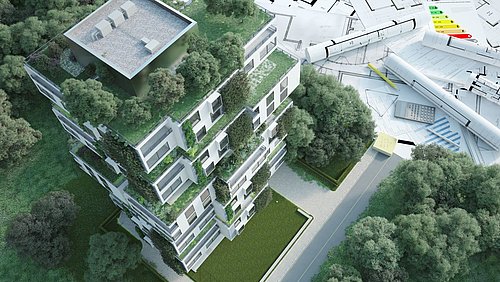 Foto, Modell eines begrünten Hochhauses neben Planungsunterlagen und Dokumenten.
