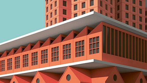 Grafik, Moderne Gebäudestruktur mit mehreren Ebenen und großen Fenstern, orangefarben, vor blauem Himmel