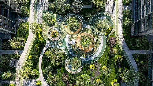 Foto, Luftaufnahme eines begrünten Innenhofs mit geschwungenen Wegen, Büschen und Bäumen zwischen Wohngebäuden.