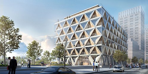 Grafik, Simulation eines quadratischen, mehrstöckigen Gebäudes mit geometrischen Fassadenelementen und umliegender Umgebung.