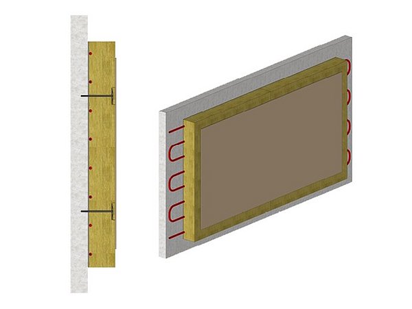 Grafik, Schematische Darstellung des Wandaufbaus mit Wärmedämmverbundsystem, inklusive Dämmstoffschicht und Befestigungselementen