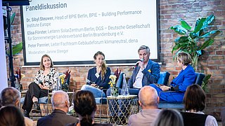 Foto, Podiumsdiskussion mit vier Teilnehmenden auf Stühlen vor Publikum, Hintergrund mit Backsteinwand und Pflanzen, Präsentationsfolie mit Namen und Titeln der Sprecher