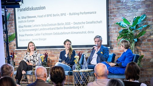 Foto, Podiumsdiskussion mit vier Teilnehmenden auf Stühlen vor Publikum, Hintergrund mit Backsteinwand und Pflanzen, Präsentationsfolie mit Namen und Titeln der Sprecher