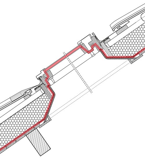 Grafik, schwarz-weiße technische Linienzeichnung eines Dachflächenfensterschnitts mit hervorgehobener luftdichter Ebene in roter Linie