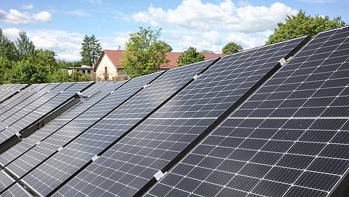 Foto, große Fläche mit mehreren Solarmodulen unter blauem Himmel und Bäumen im Hintergrund.