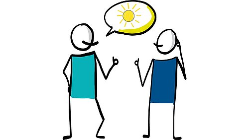 Grafik, Zeichnung von zwei Personen, die nebeneinander stehen und sich unterhalten. Bei einer Person Sprechblase über dem Kopf zu sehen, in der eine gezeichnete Sonne zu sehen ist.