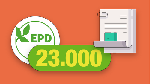 Grafik, Illustration eines Dokuments mit einer grünen Karte, dem EPD-Logo und der Zahl 23.000 auf einem grünen und gelben Oval vor orangefarbenem Hintergrund.