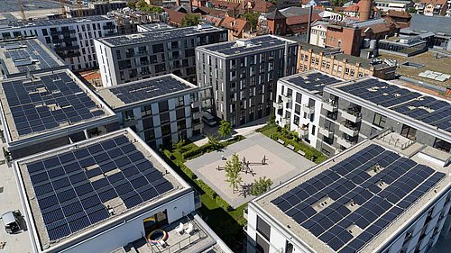Foto, Luftbild des Wasserstoffquartiers "Neue Weststadt" in Esslingen.