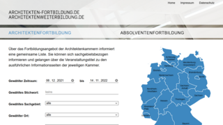 Grafik, Screenshot einer Website der Bundesarchitektenkammer, auf der über Fortbildungsveranstaltungen für Architektinnen und Architekten informiert wird.