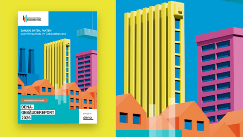 Grafik, Bunte Illustration von Gebäuden verschiedener Höhen und Formen vor gelbem Hintergrund mit blauem Himmel.