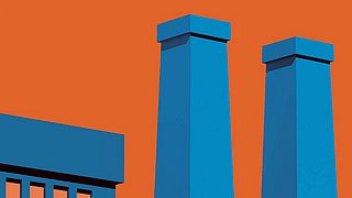 Grafik, Darstellung von zwei hohen, rechteckigen Schornsteinen und einem Gebäudeteil vor orangefarbenem Hintergrund.