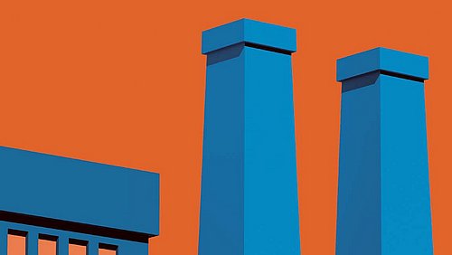 Grafik, Darstellung von zwei hohen, rechteckigen Schornsteinen und einem Gebäudeteil vor orangefarbenem Hintergrund.