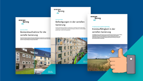 Grafik, drei Broschüren mit Titeln zu serieller Sanierung, jeweils mit Fotos von Gebäuden und Landschaften, vor blau-grünem Hintergrund.