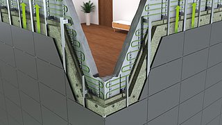 Grafik, Querschnitt einer Gebäudefassade mit Dämmung und integrierten grünen Heizrohren