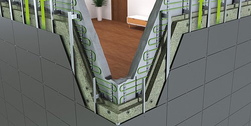 Grafik, Querschnitt einer Gebäudefassade mit Dämmung und integrierten grünen Heizrohren