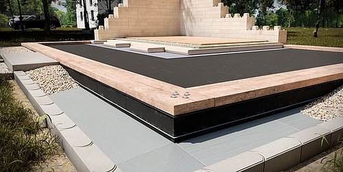 Foto, modellhafter Aufbau eines Fundamentes aus Bodenplatten.