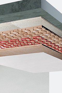 Grafik, Querschnitt einer Klimadecke mit mehreren Scchichten und sichtbaren roten Heizrohren zur Verteilung der Wärme