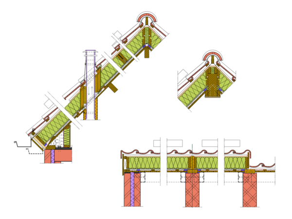 Grafik, technische Zeichnungen von Dachkonstruktionen mit Schichtenaufbau und Details zu Neigung sowie Materialien.