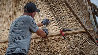 Foto, ein Handwerker befestigt Schilfrohr (Reet) auf einem Dach.