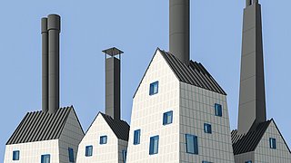 Grafik, vier moderne Gebäude mit schrägen Dächern und großen Fenstern, zwei hohe Schornsteine und ein Lüftungsschacht auf dem Dach.