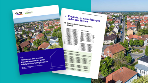 Grafik, Luftaufnahme einer Stadt mit Wohnhäusern und Straßen. Links ein Bericht mit blauer und grüner Gestaltung, Titel 'Kommunen als zentrale Umsetzungsträger einer erfolgreichen Energiewende'. Rechts ein Dokument mit Überschrift 'Konkrete Herausforderungen in den vier Ebenen'.