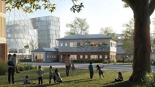 Visualisierung, im Vordergrund mehrere Menschen auf einer Wiese stehend, im Hintergrund ein modernes zweistöckiges Wohnhaus, ein mehrstöckiges Bürogebäude mit Glasfassade sowie eine große Glaskuppel.