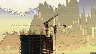 Grafik, verschiedene Diagramme im Hintergrund eines Schattenrisses von einem Rohbau und zwei Kränen.