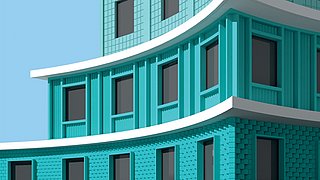 Grafik, Fassade eines modernen Gebäudes in Türkis mit geschwungenen Linien, großen Fenstern und einer strukturierten Oberfläche.