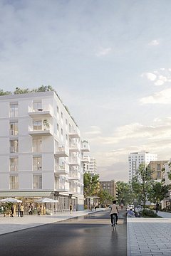 Foto, moderner Wohnkomplex mit mehrstöckigen weißen Gebäuden, begrünten Balkonen und mehreren Personen auf dem Platz davor.