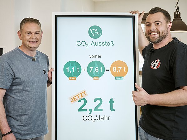 Foto, Eigentümer und Heizungsbauunternehmer zeigen Grafik zur CO2-Einsparung mit Wärmepumpe, 5500 kWh/Jahr und 4,2 Jahresarbeitszahl
