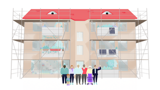 Grafik, Mehrfamilienhaus mit Gerüst und sechs Personen unterschiedlicher Altersgruppen davor