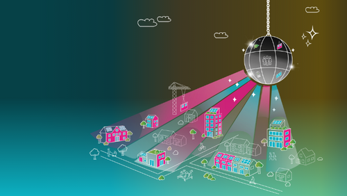Grafik, Illustration einer Stadt mit verschiedenen Gebäuden, über der eine Discokugel hängt, die bunte Lichtstrahlen auf die Stadt wirft.