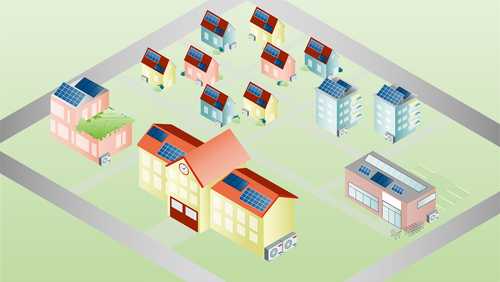 Grafik, isometrische Grafik eines Wohngebiets mit mehreren Einfamilienhäusern, einem größeren Gebäude mit Uhr und Solarpaneelen auf den Dächern sowie einem weiteren Gebäude mit Solarpaneelen und Wärmepumpen