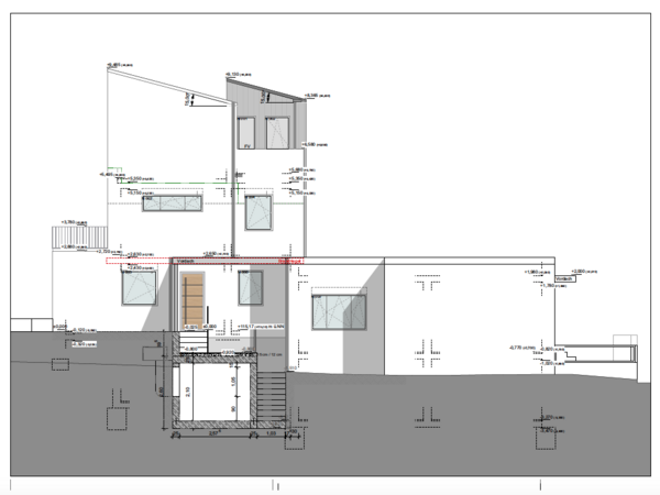 Grafik, architektonische Zeichnung eines Einfamilienhauses 