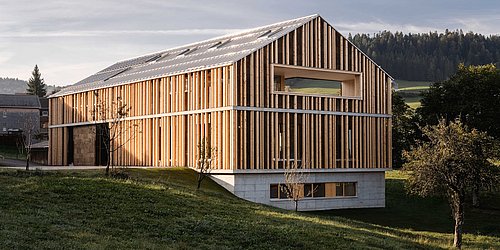 Foto, modernes Gebäude mit vertikalen Holzlatten als Fassade auf einem leicht geneigten Grundstück mit Bäumen