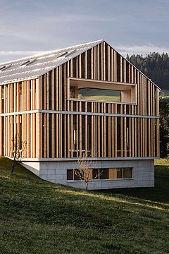 Foto, modernes Gebäude mit vertikalen Holzlatten als Fassade auf einem leicht geneigten Grundstück mit Bäumen