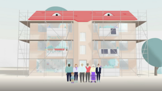 Grafik, Illustration eines mehrstöckigen Hauses mit Gerüst und einer Gruppe von Menschen davor.