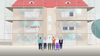 Grafik, Illustration eines mehrstöckigen Hauses mit Gerüst und einer Gruppe von Menschen davor.