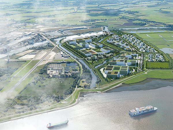 Grafik, Darstellung einer Luftaufnahme eines Gewerbegebiets an einem Fluss.