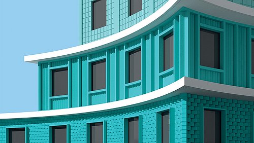 Grafik, Fassade eines modernen Gebäudes in Türkis mit geschwungenen Linien, großen Fenstern und einer strukturierten Oberfläche.