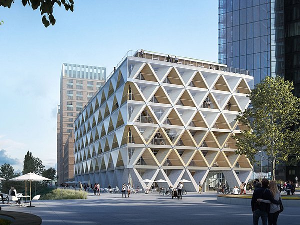 Grafik, Simulation eines modernen, quadratischen Gebäudes mit Fassade aus geometrischen Elementen. 