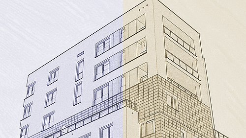 Foto, schwarz-weiße Linienzeichnung eines mehrstöckigen Gebäudes mit rechteckigen Fenstern und einem gemusterten Fassadenteil.